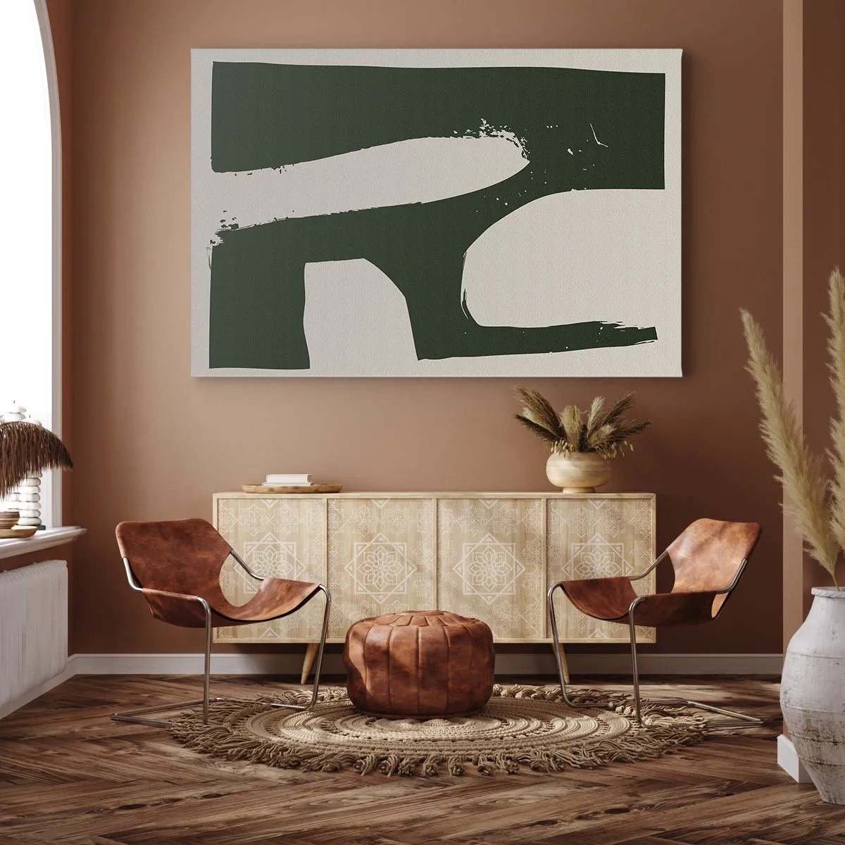 Obraz na plátne - Minimalistický abstrakt v zelenej farbe na svetlom pozadí - 70x50cm - Zálivy v bielom - Moderná nástenná dekorácia do obývacej izby a spálne ARTTOR