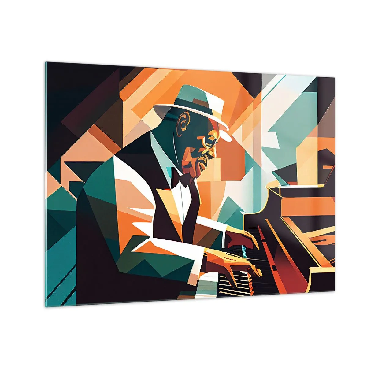 Obraz na skle - Farebný portrét klaviristu hrajúceho v jazzovom štýle - 70x50cm - Celý tento jazz - Moderná nástenná dekorácia do obývacej izby a spálne ARTTOR