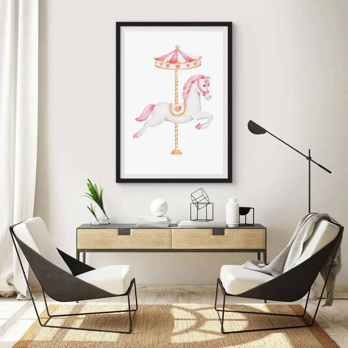 Plagát v čiernom ráme - Očarujúci biely kôň na kolotoči v pastelových farbách - 50x70cm - Vyrazil z kopýtka - Moderná nástenná dekorácia do obývacej izby a spálne ARTTOR
