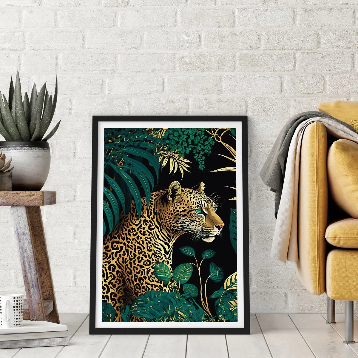 Plagát v čiernom ráme - Zlatý leopard v tropickej džungli - 50x70cm - Hospodár v džungli - Moderná nástenná dekorácia do obývacej izby a spálne ARTTOR