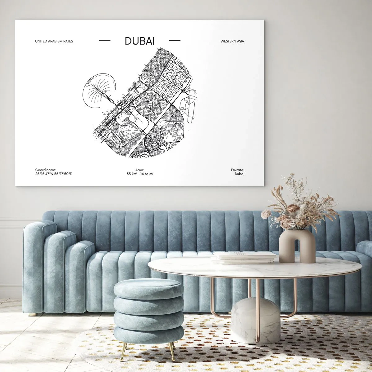 Obraz na skle - Minimalistická mapa Dubaja v čiernobielom štýle. - 70x50cm - Anatómia Dubaja - Moderná nástenná dekorácia do obývacej izby a spálne ARTTOR