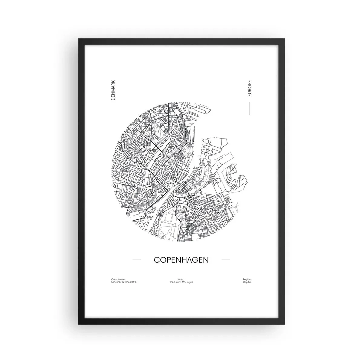 Plagát v čiernom ráme - Minimalistická mapa Kodane v čiernobielej farbe. - 50x70cm - Anatómia Kodane - Moderná nástenná dekorácia do obývacej izby a spálne ARTTOR