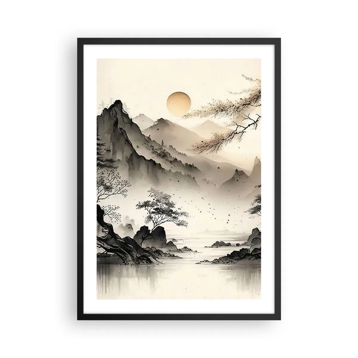 Plagát v čiernom ráme - Minimalistická horská krajina v japonskom štýle - 50x70cm - Jedinečné kúzlo orientu - Moderná nástenná dekorácia do obývacej izby a spálne ARTTOR