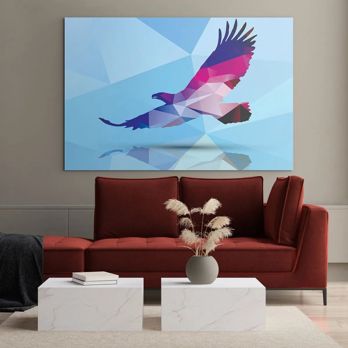 Obraz na skle - Geometrický orol na modrom pozadí - 70x50cm - Orol v ľaliovom krištáli - Moderná nástenná dekorácia do obývacej izby a spálne ARTTOR