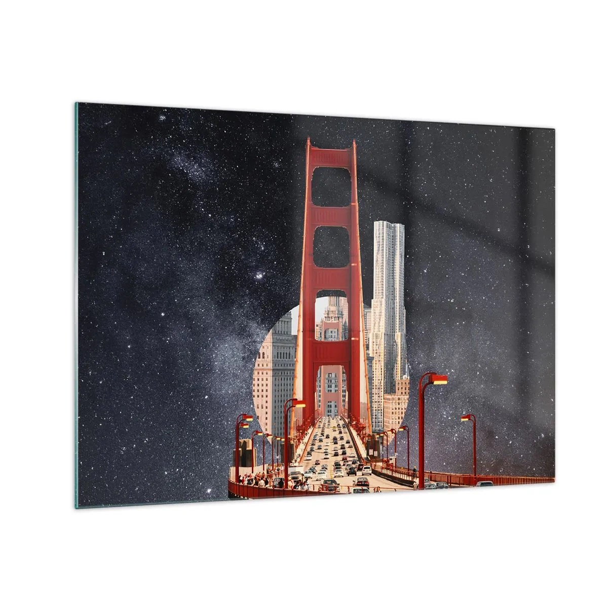 Obraz na skle - Most a mrakodrapy na surrealistickom pozadí galaxie - 70x50cm - Vždy v centre - Moderná nástenná dekorácia do obývacej izby a spálne ARTTOR