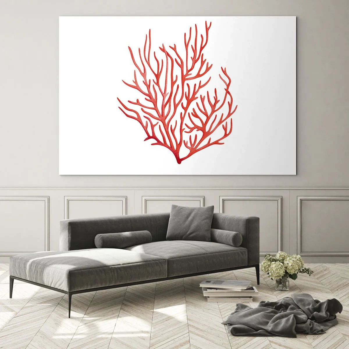 Obraz na skle - Červený koral s filigránskou štruktúrou na bielom pozadí - 70x50cm - Koralový filigrán - Moderná nástenná dekorácia do obývacej izby a spálne ARTTOR