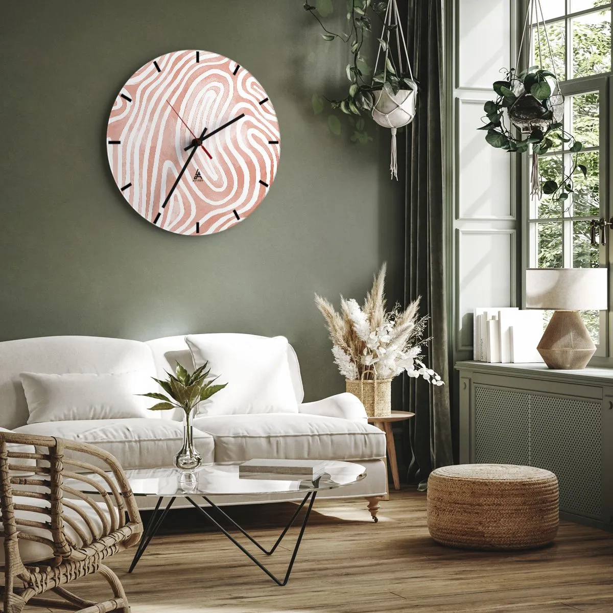 Nástenné hodiny - Abstraktný vzor pripomínajúci odtlačky prstov v ružovej farbe - 30x30cm - V koralovom labyrinte - Moderná nástenná dekorácia do obývacej izby, kuchyne a spálne ARTTOR