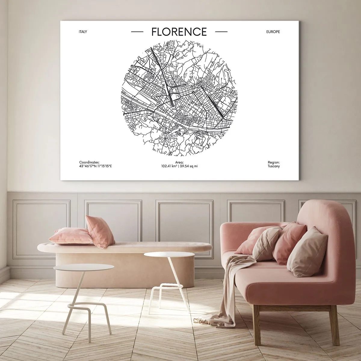 Obraz na skle - Florencia vo forme štylizovanej mapy so sieťou ulíc - 70x50cm - Anatómia Florencie - Moderná nástenná dekorácia do obývacej izby a spálne ARTTOR