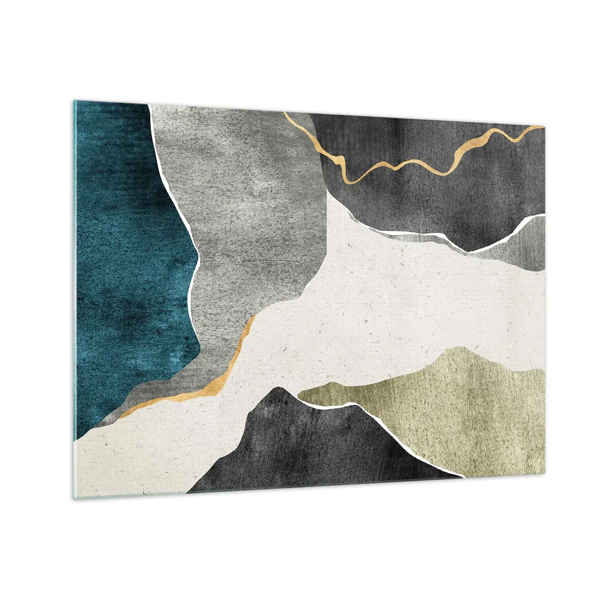 Obraz na skle - Abstraktná mozaika s organickými tvarmi a zlatou čiarou - 70x50cm - Mozaiková kompozícia so zlatou niťou - Moderná nástenná dekorácia do obývacej izby a spálne ARTTOR