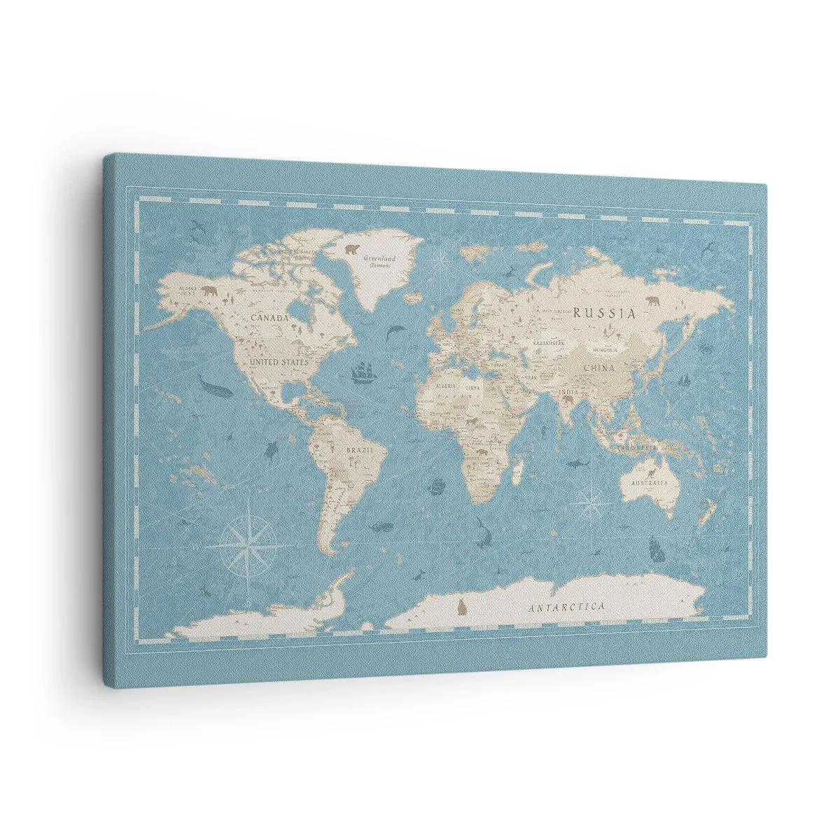 Obraz na plátne - Dekoratívna mapa sveta v odtieňoch modrej a béžovej - 70x50cm - Svet na dosah ruky - Moderná nástenná dekorácia do obývacej izby a spálne ARTTOR