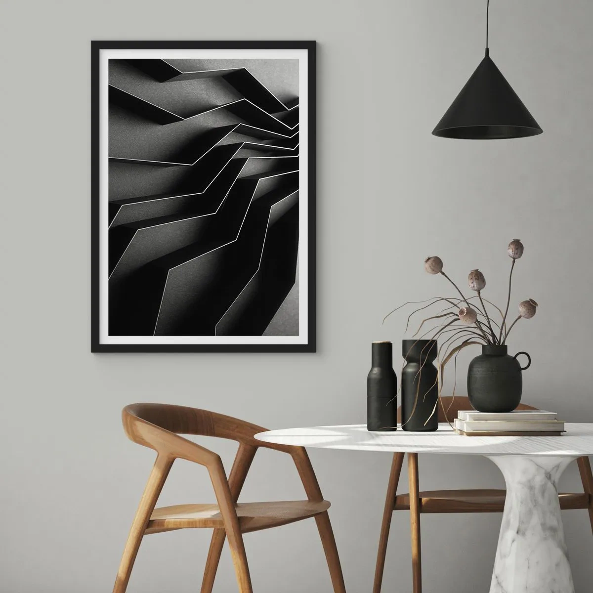 Plagát v čiernom ráme - Čiernobiela kompozícia geometrických, priestorových štruktúr - 50x70cm - Priestorový poriadok - Moderná nástenná dekorácia do obývacej izby a spálne ARTTOR
