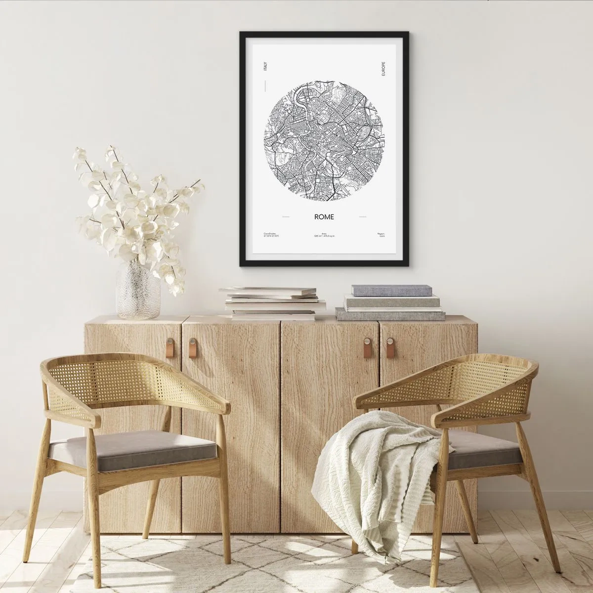Plagát v čiernom ráme - Minimalistická mapa Ríma v čiernobielej farbe. - 50x70cm - Anatómia Ríma - Moderná nástenná dekorácia do obývacej izby a spálne ARTTOR