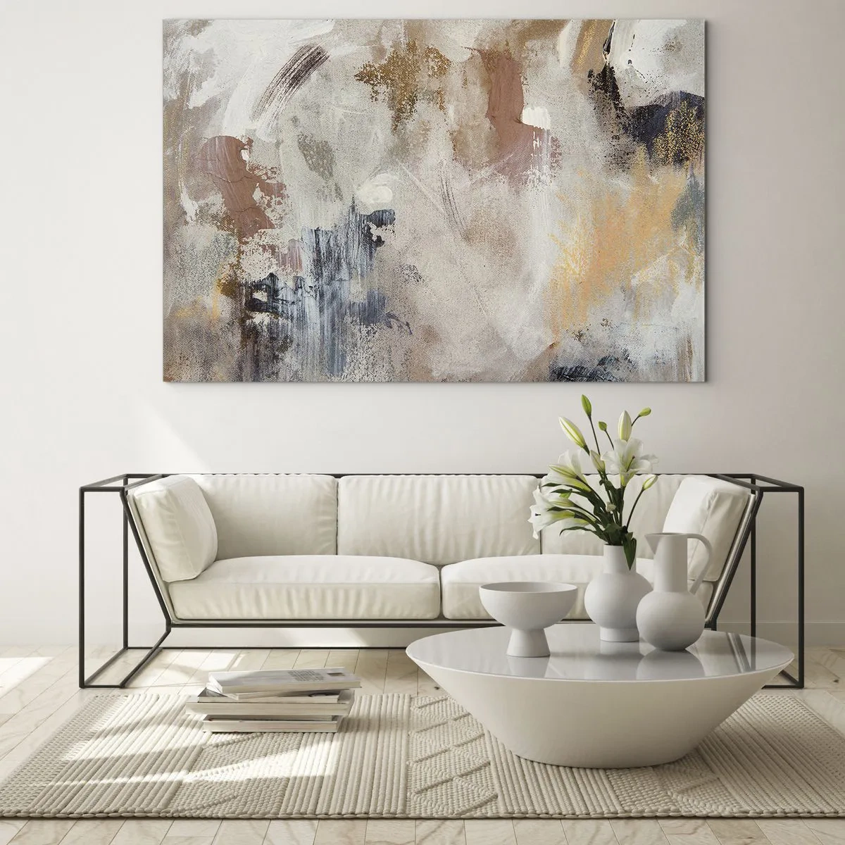 Obraz na skle - Béžovo-hnedá abstraktná kompozícia v hmlistom štýle - 70x50cm - Hmlistá abstrakcia - Moderná nástenná dekorácia do obývacej izby a spálne ARTTOR
