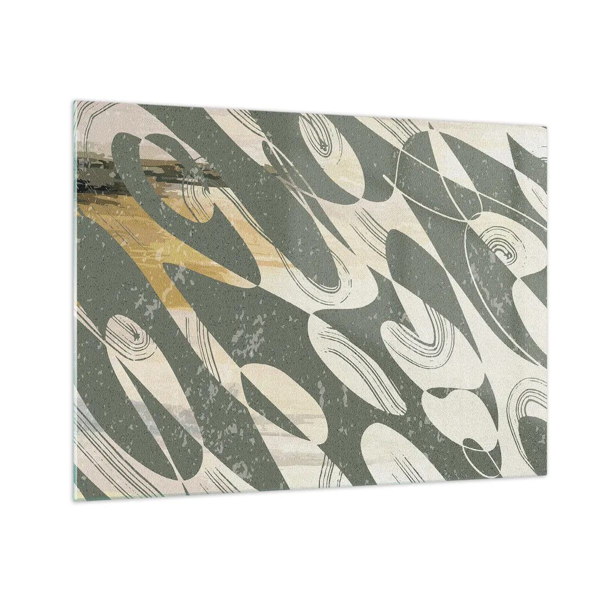 Obraz na skle - Zelená a béžová kompozícia s dynamickými organickými formami - 70x50cm - Rytmizovaná abstrakcia - Moderná nástenná dekorácia do obývacej izby a spálne ARTTOR