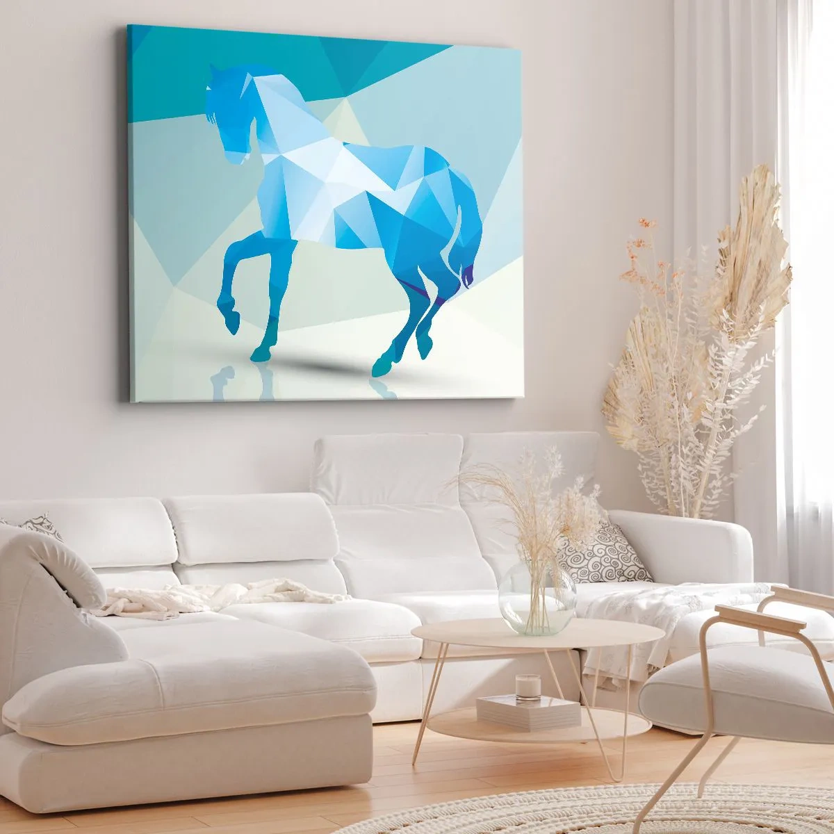 Obraz na plátne - Geometrická silueta koňa v odtieňoch modrej - 70x50cm - Geometrický kôň v tyrkyse - Moderná nástenná dekorácia do obývacej izby a spálne ARTTOR
