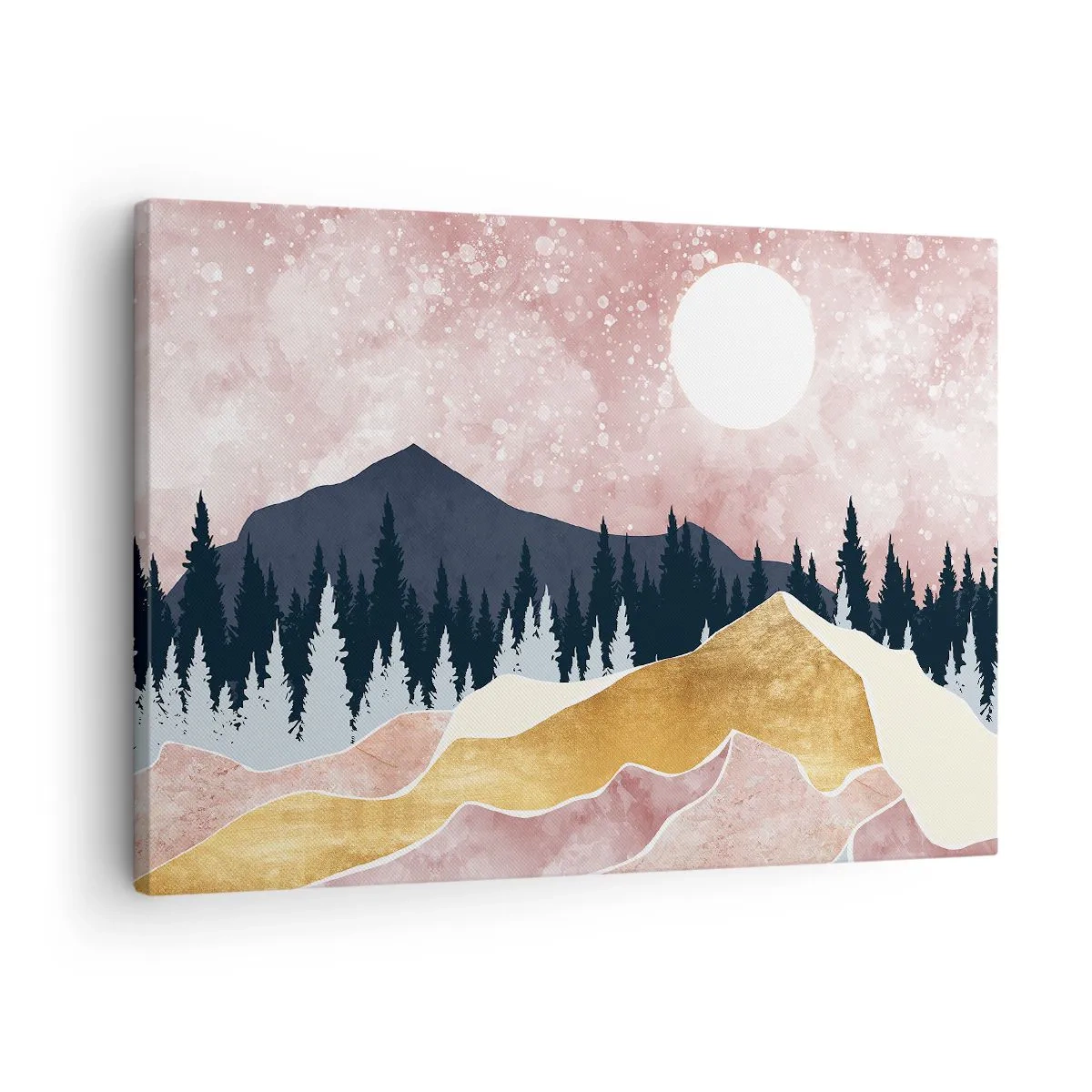 Obraz na plátne - Farebné hory proti ružovej oblohe s mesiacom - 70x50cm - Nočná hliadka - Moderná nástenná dekorácia do obývacej izby a spálne ARTTOR