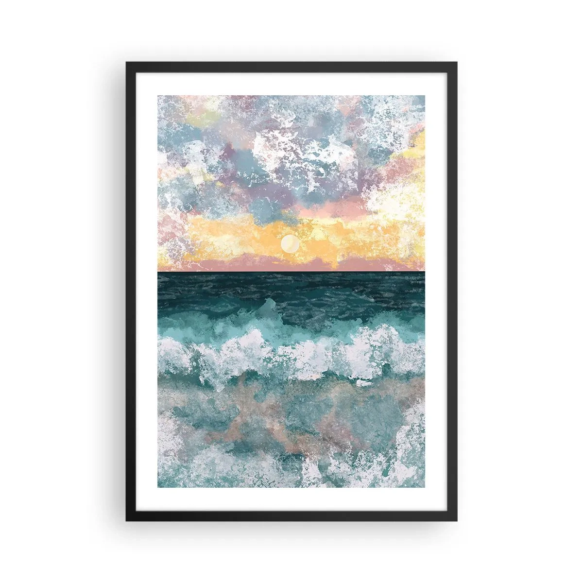 Plagát v čiernom ráme - Morské vlny a západ slnka v akvarelovom štýle - 50x70cm - Voda, svetlo, vzduch - Moderná nástenná dekorácia do obývacej izby a spálne ARTTOR
