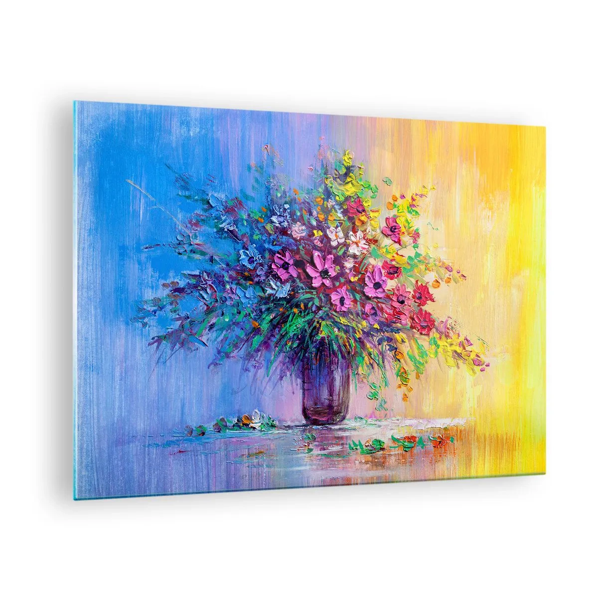 Obraz na skle - Farebná kytica kvetov vo váze na abstraktnom pozadí - 70x50cm - Dar letnej lúky - Moderná nástenná dekorácia do obývacej izby a spálne ARTTOR