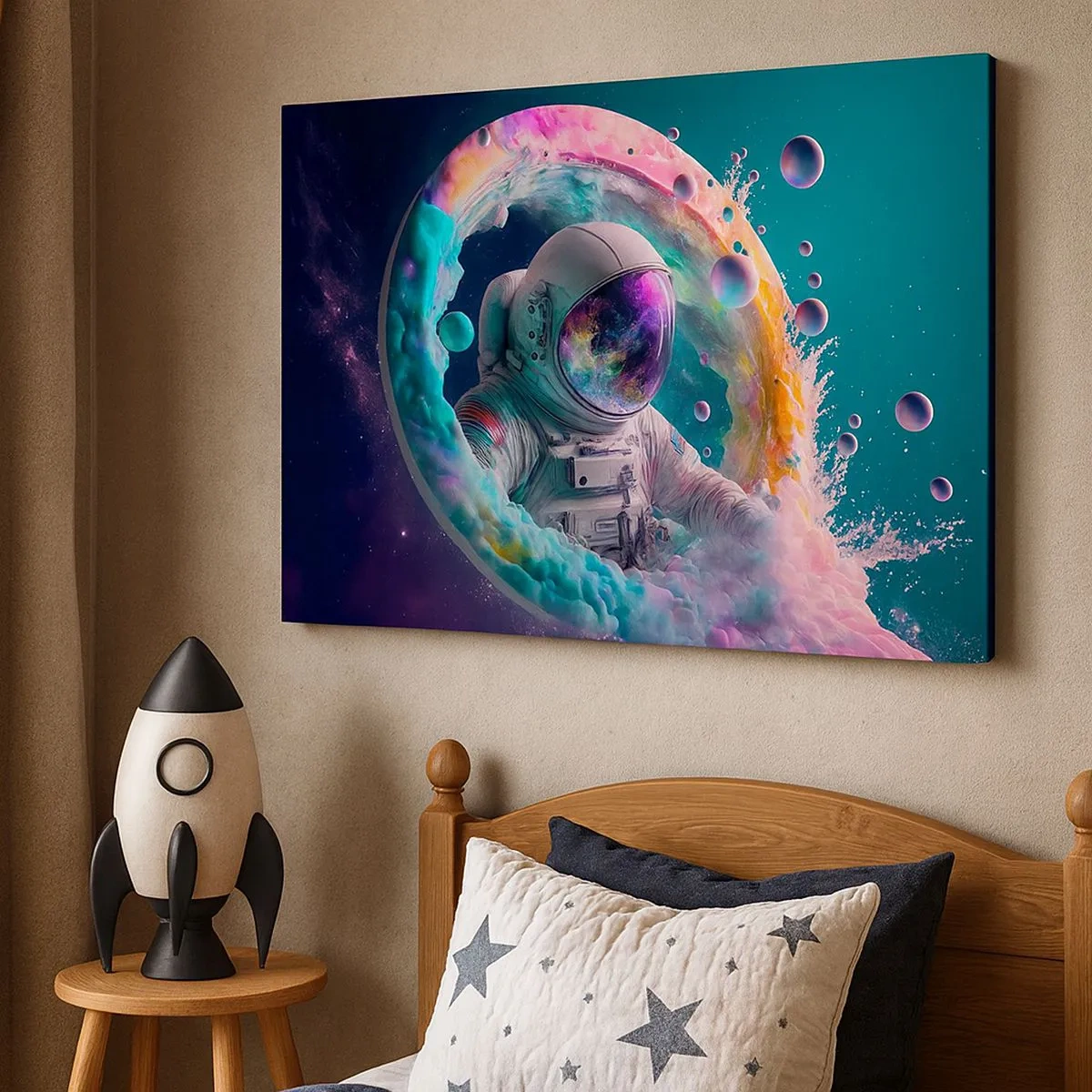 Obraz na plátne - Astronaut v farebnej kozmickej aure - 70x50cm - Hviezdna brána - Moderná nástenná dekorácia do obývacej izby a spálne ARTTOR