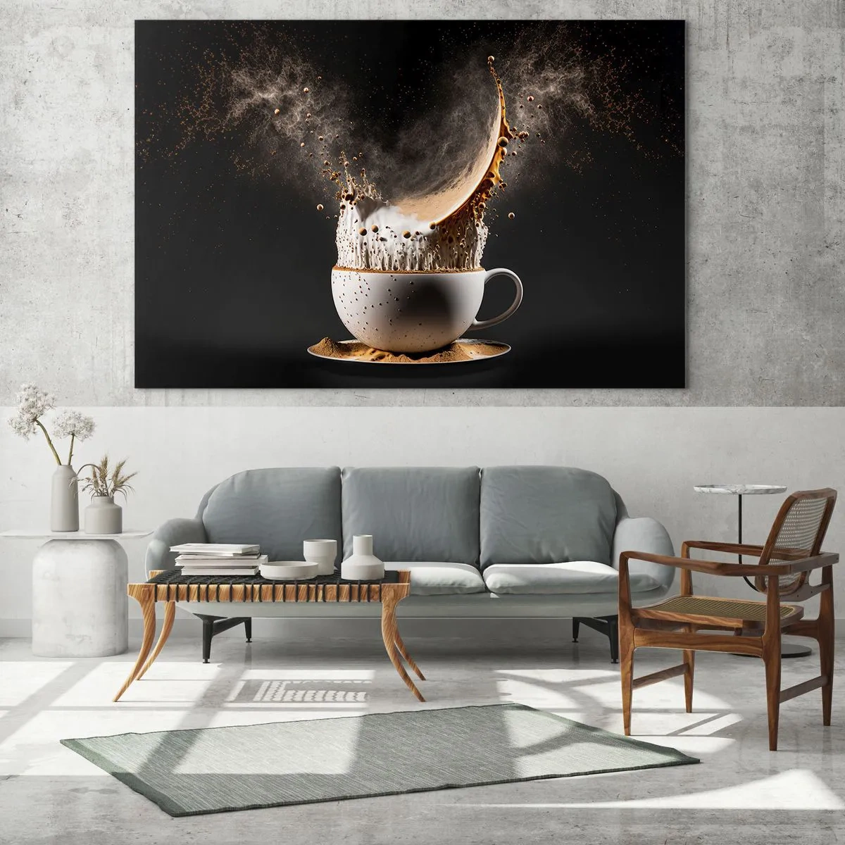 Obraz na skle - Dynamický záber striekania kávy s mliekom - 70x50cm - Explózia chuti - Moderná nástenná dekorácia do obývacej izby a spálne ARTTOR