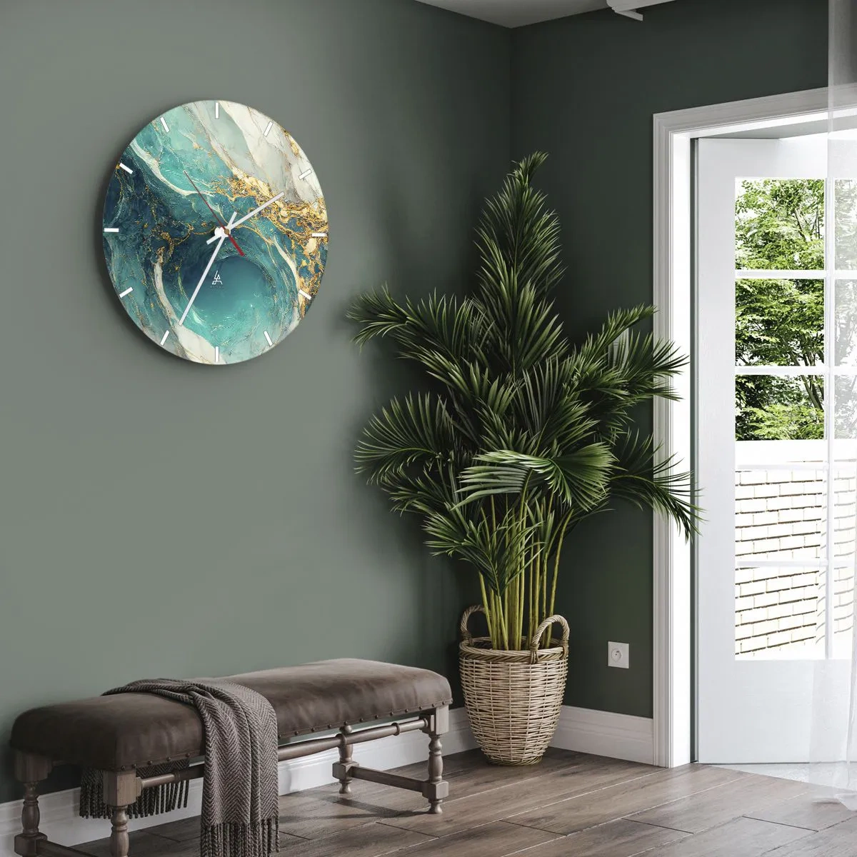 Nástenné hodiny - Tyrkysový abstrakt s vírivým zlatým vzorom - 30x30cm - Kompozícia so zlatými žilami - Moderná nástenná dekorácia do obývacej izby, kuchyne a spálne ARTTOR