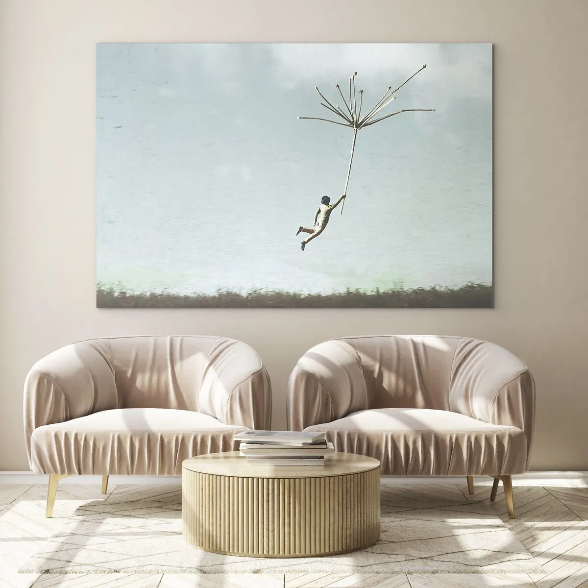 Obraz na skle - Chlapec letiaci so semienkom púpavy ponad lúku - 70x50cm - Lietajúca púpava - Moderná nástenná dekorácia do obývacej izby a spálne ARTTOR