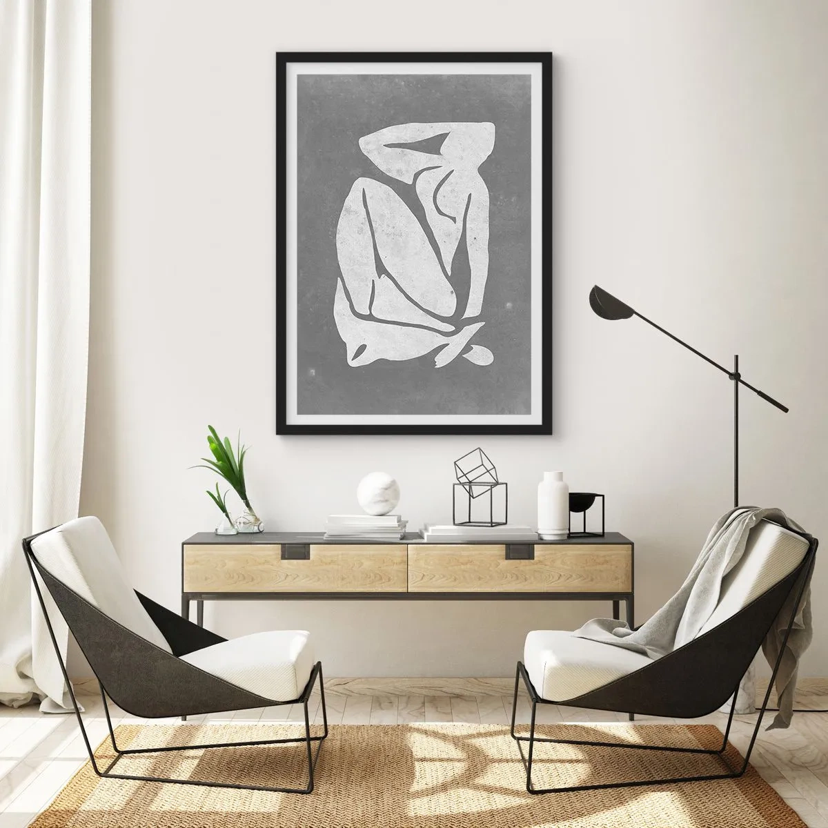 Plagát v čiernom ráme - Minimalistická silueta ženy v odtieňoch sivej - 50x70cm - V zádumčivosti - Moderná nástenná dekorácia do obývacej izby a spálne ARTTOR