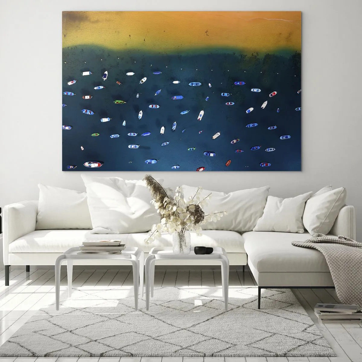 Obraz na skle - Lode na pozadí tyrkysovej vody a zlatého pobrežia - 70x50cm - Prázdninová hra - Moderná nástenná dekorácia do obývacej izby a spálne ARTTOR
