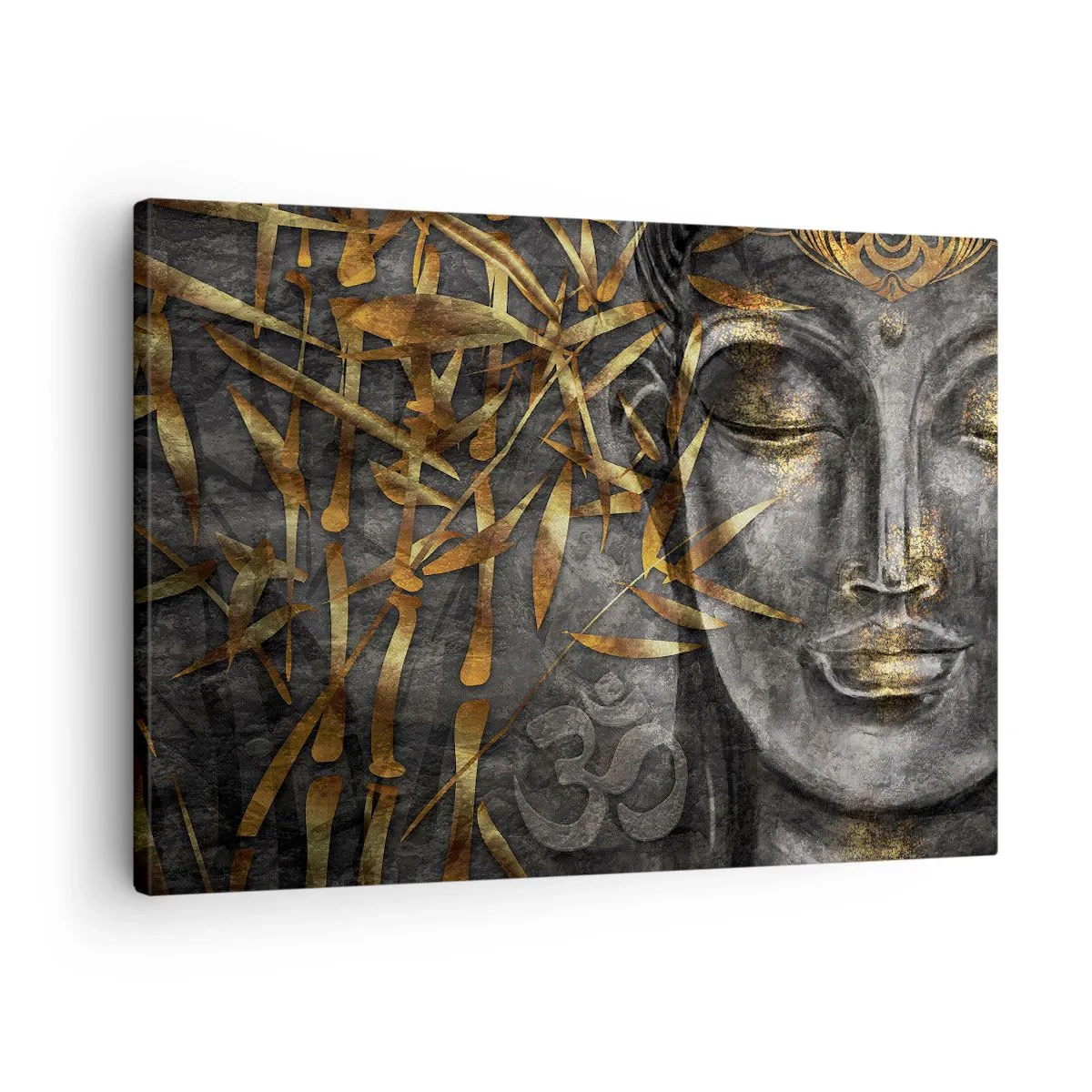 Obraz na plátne - Zen Budha obraz so zlatými bambusmi - 70x50cm - Pocíťte pokoj - Moderná nástenná dekorácia do obývacej izby a spálne ARTTOR