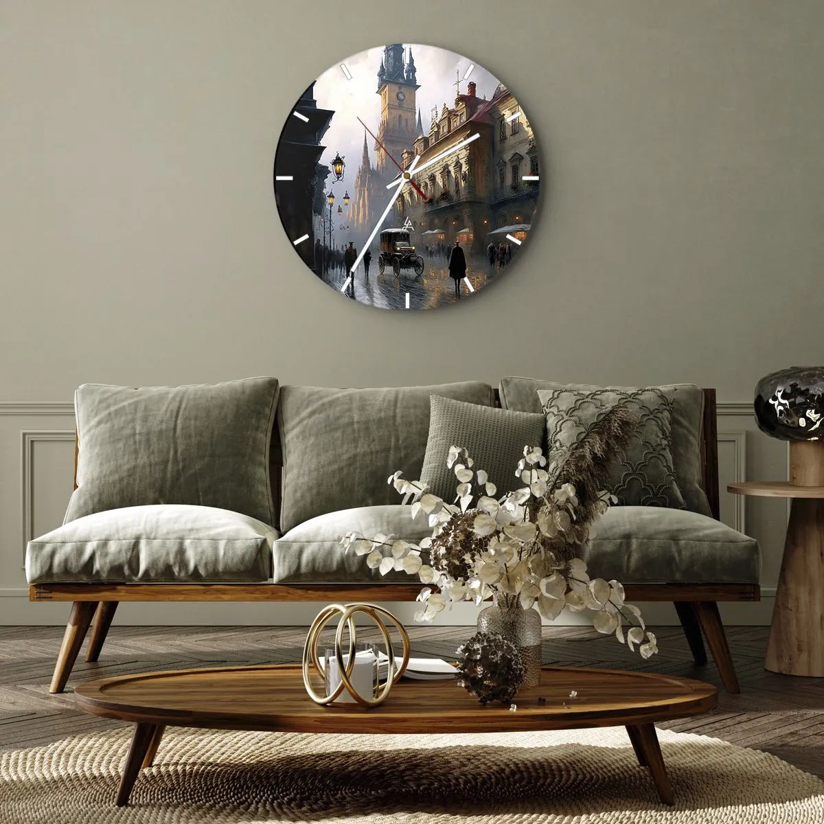 Nástenné hodiny - Večerná prechádzka historickým centrom mesta - 30x30cm - Kúzlo pražského večera - Moderná nástenná dekorácia do obývacej izby, kuchyne a spálne ARTTOR