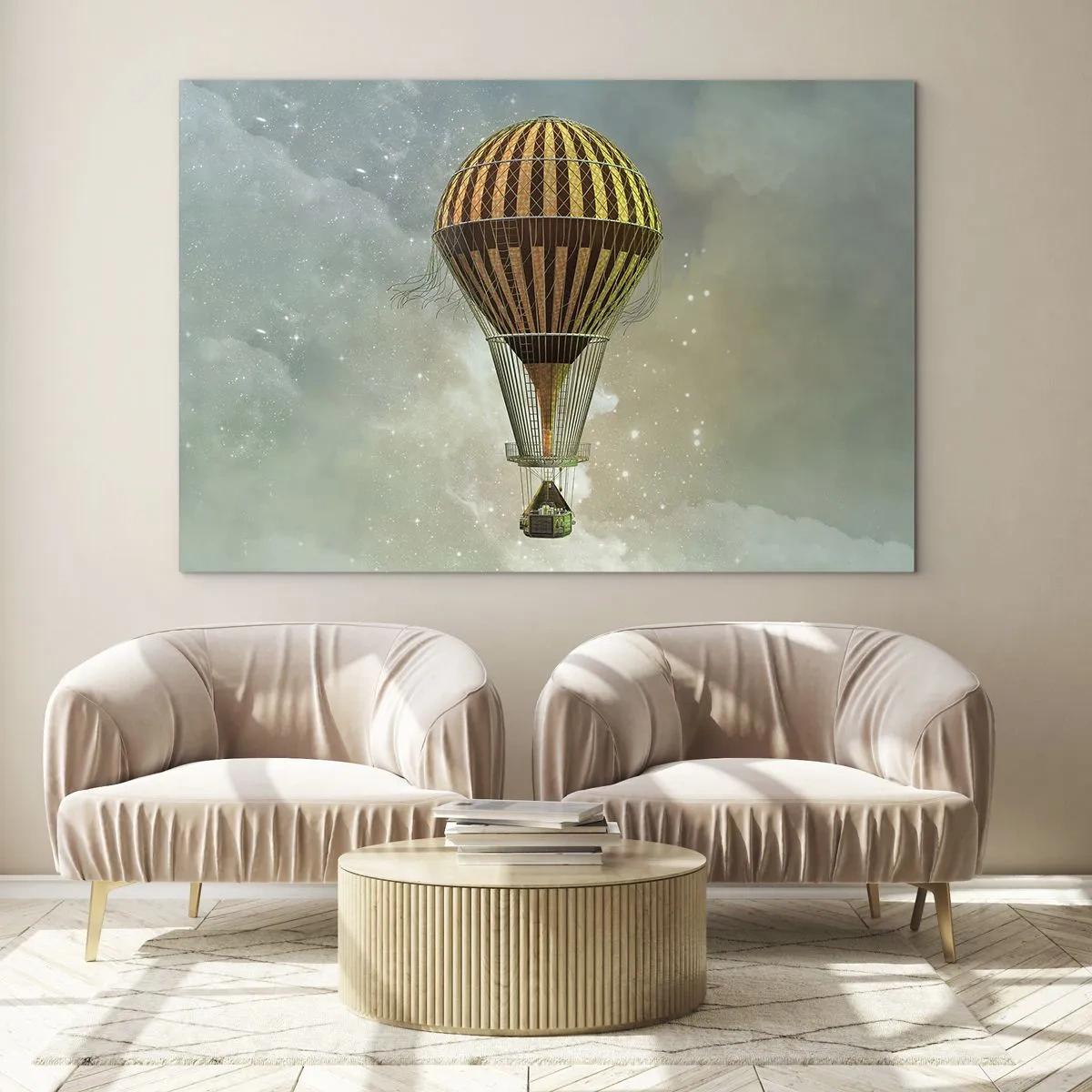 Obraz na skle - Štylizovaný balón na pozadí hviezdnej oblohy a oblakov. - 70x50cm - Priekopnícke lety - Moderná nástenná dekorácia do obývacej izby a spálne ARTTOR