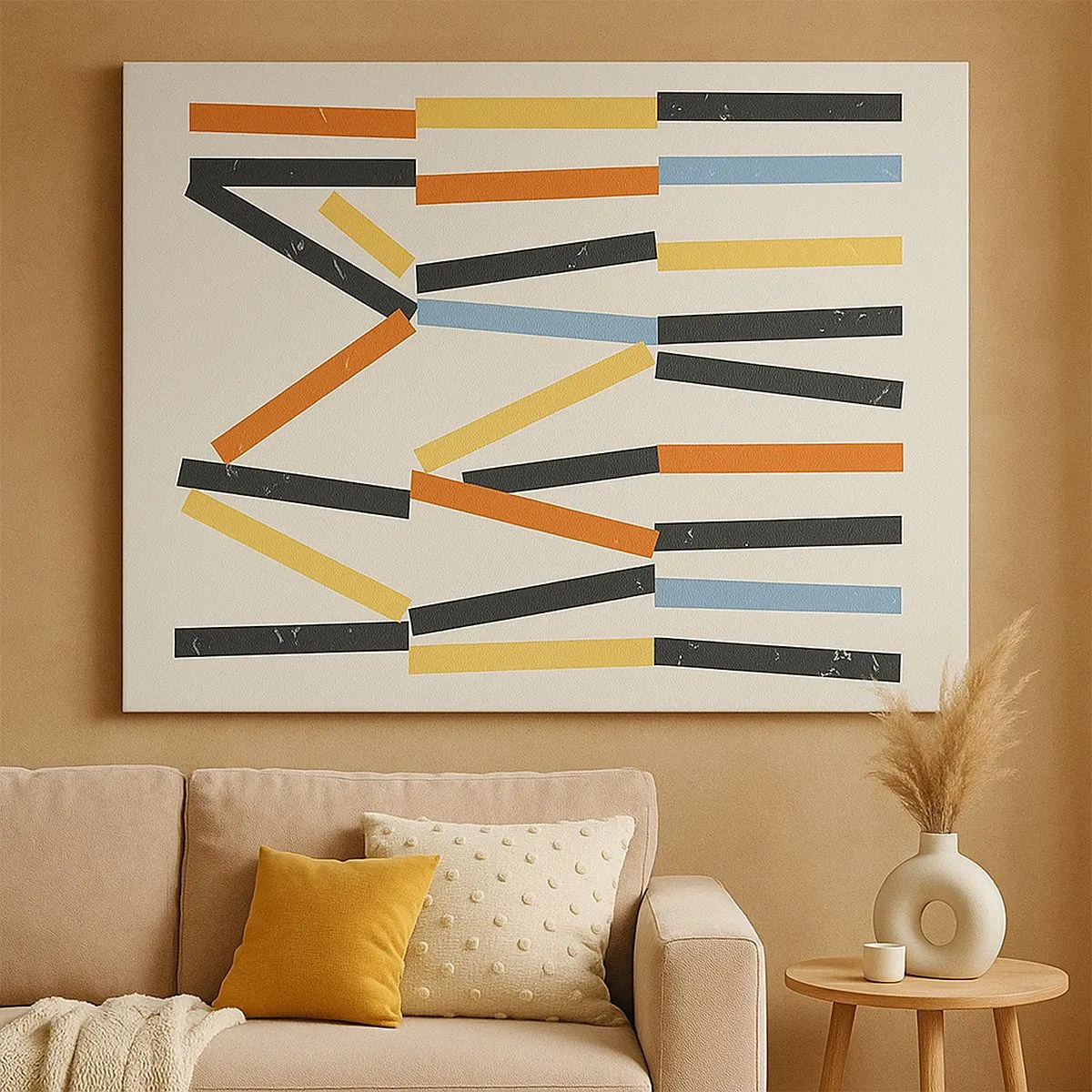 Obraz na plátne - Abstraktná kompozícia s farebnými a čiernymi obdĺžnikmi v horizontálnom usporiadaní - 70x50cm - Kompozícia na úrovni - Moderná nástenná dekorácia do obývacej izby a spálne ARTTOR