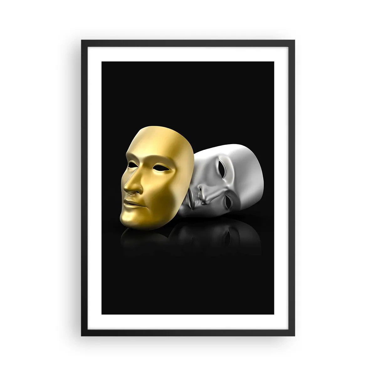 Plagát v čiernom ráme - Zlatá a strieborná maska na čiernom pozadí - 50x70cm - Život je divadlo - Moderná nástenná dekorácia do obývacej izby a spálne ARTTOR
