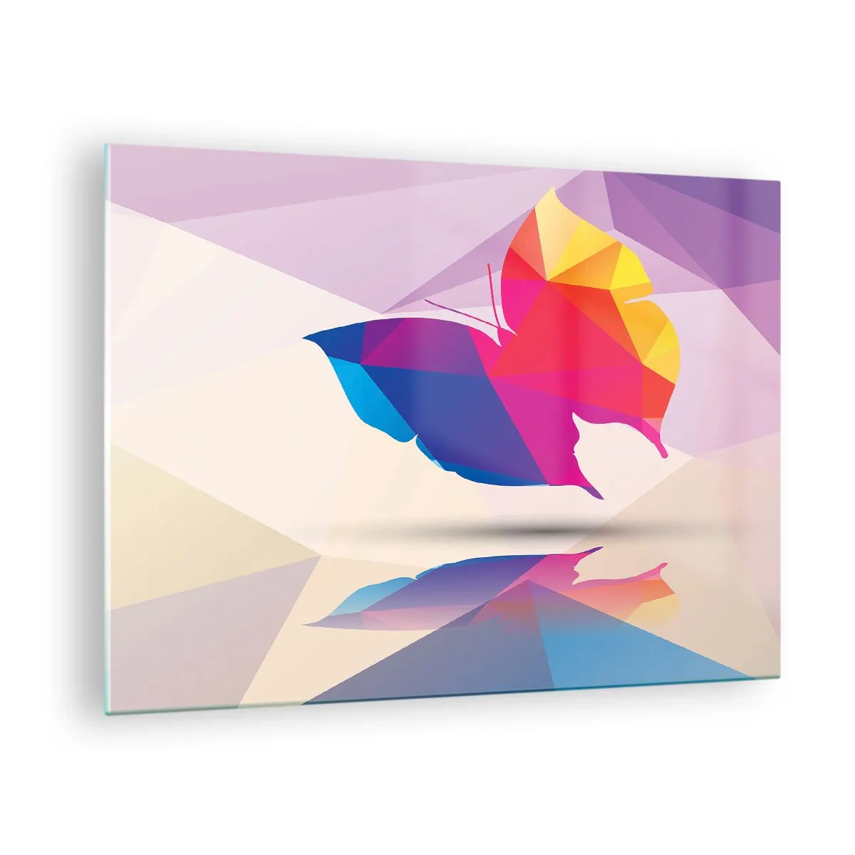Obraz na skle - Geometrický motýľ v žiarivo farebnej abstrakcii - 70x50cm - Motýlia dúha - Moderná nástenná dekorácia do obývacej izby a spálne ARTTOR