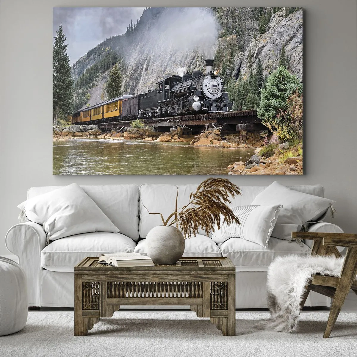 Obraz na plátne - Parná lokomotíva na moste v malebnej horskej krajine - 70x50cm - A kam to? Kam? - Moderná nástenná dekorácia do obývacej izby a spálne ARTTOR