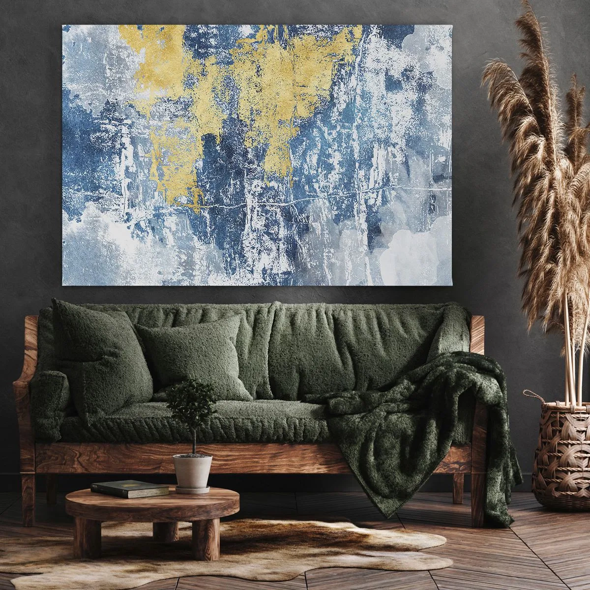 Obraz na plátne - Abstrakcia v odtieňoch modrej a žltej - 70x50cm - Abstrakcia s dobrou náladou - Moderná nástenná dekorácia do obývacej izby a spálne ARTTOR