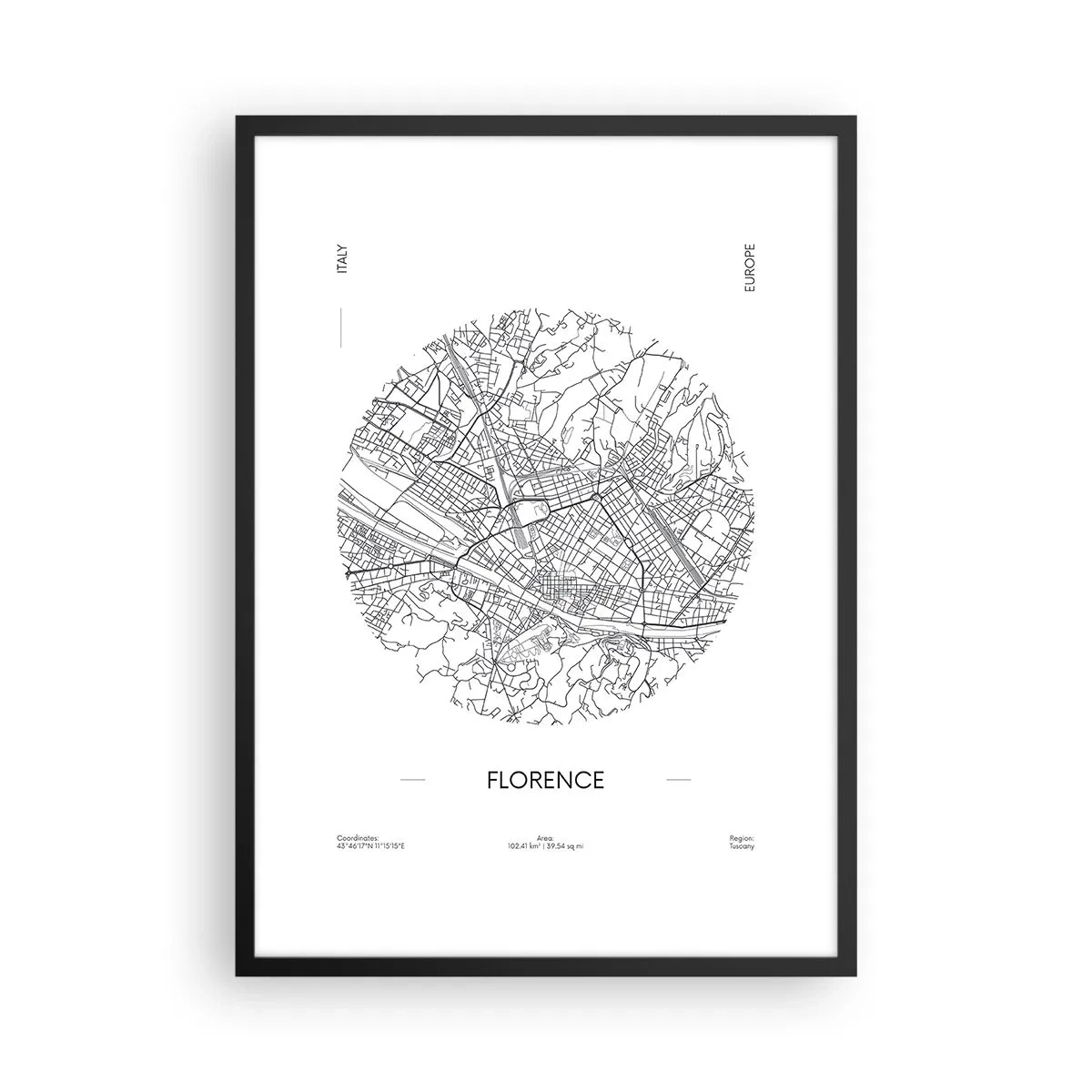 Plagát v čiernom ráme - Minimalistická mapa Florencie v čiernobielej farbe. - 50x70cm - Anatómia Florencie - Moderná nástenná dekorácia do obývacej izby a spálne ARTTOR