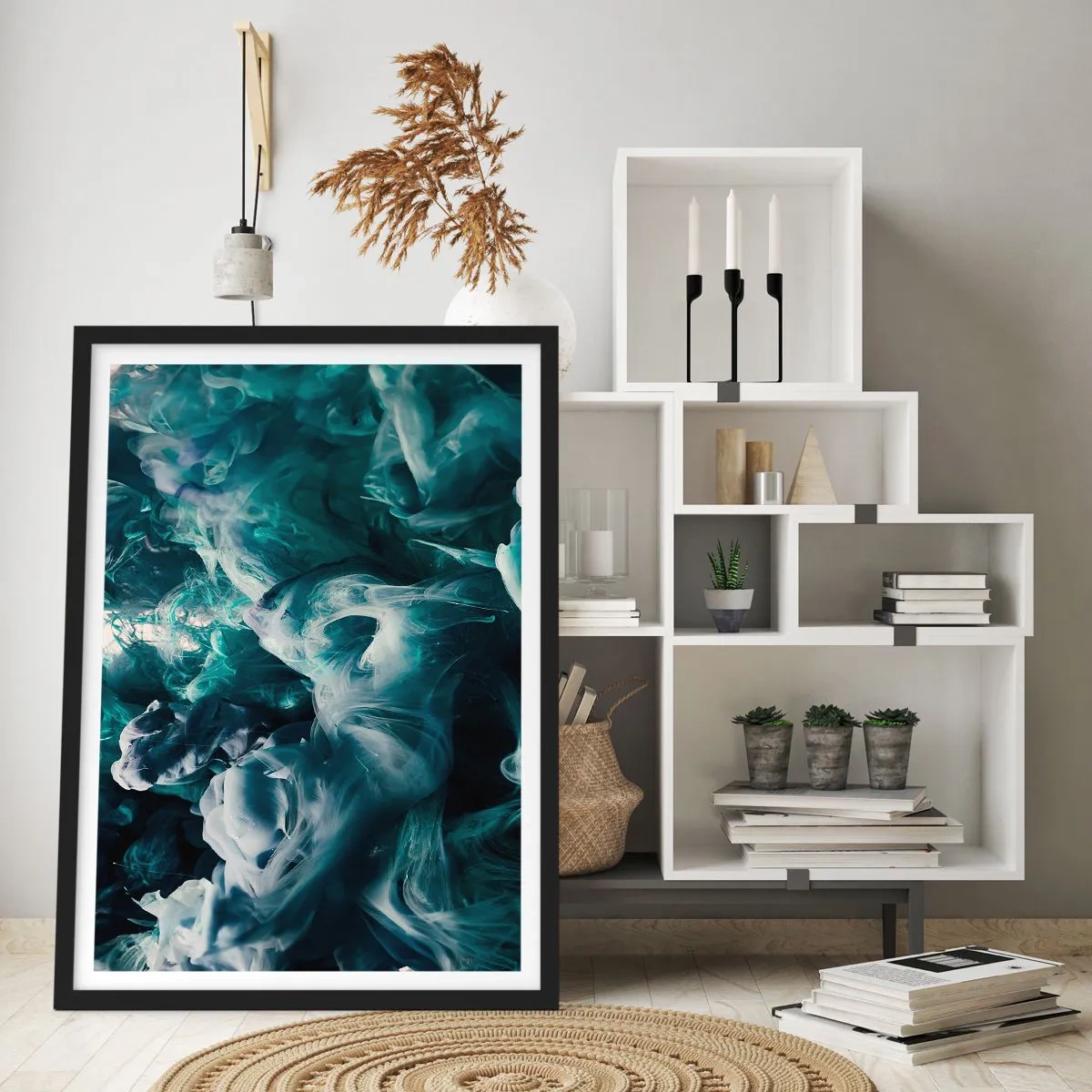 Plagát v čiernom ráme - Abstraktná kompozícia víriacich farieb v odtieňoch zelenej a modrej. - 50x70cm - Pohyb farby - Moderná nástenná dekorácia do obývacej izby a spálne ARTTOR