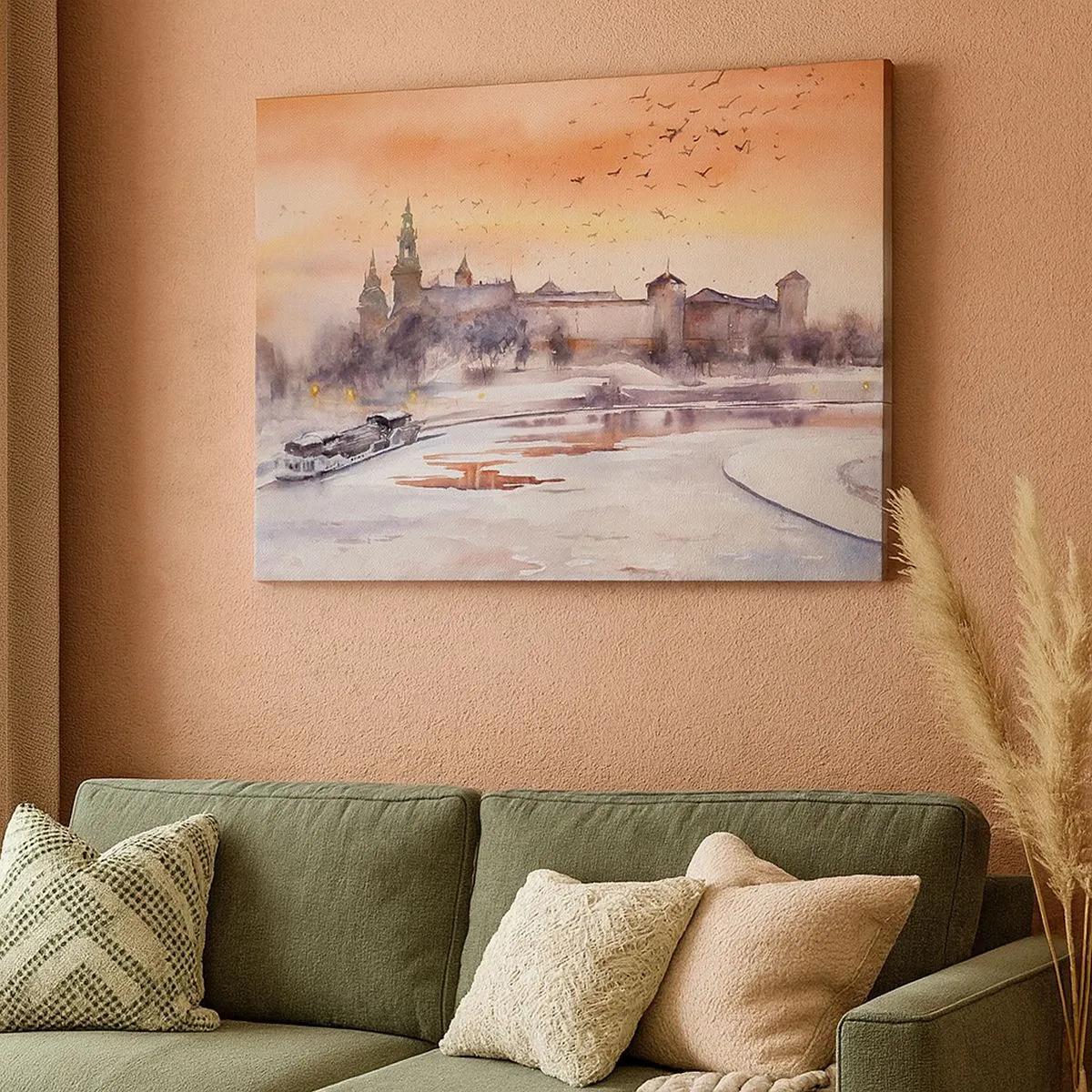 Obraz na plátne - Západ slnka nad hradom v zimnej scenérii - 70x50cm - Kráľovský západ slnka - Moderná nástenná dekorácia do obývacej izby a spálne ARTTOR