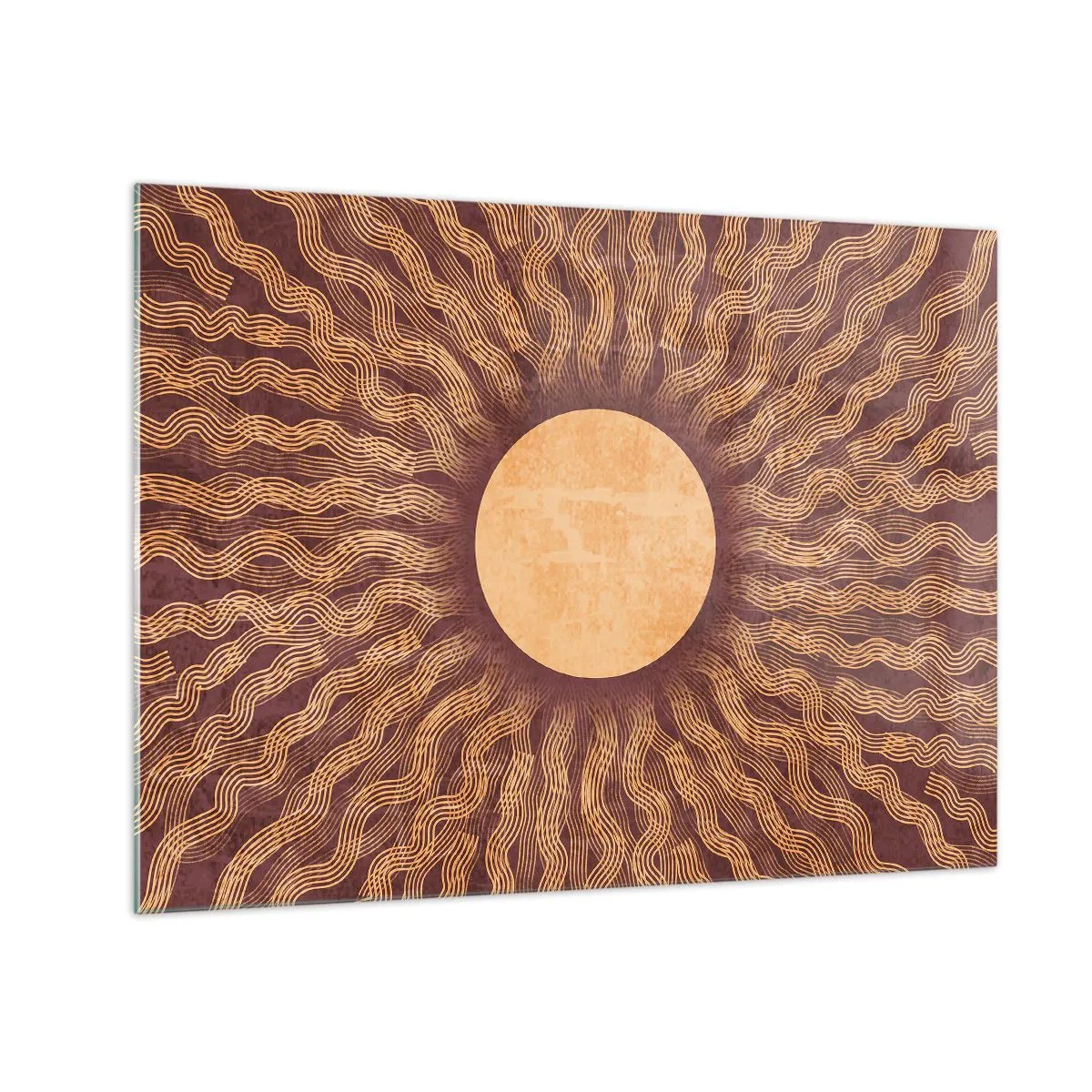 Obraz na skle - Štylizované slnko s lúčmi vo forme vlnoviek na hnedom pozadí. - 70x50cm - Ikona slnka - Moderná nástenná dekorácia do obývacej izby a spálne ARTTOR