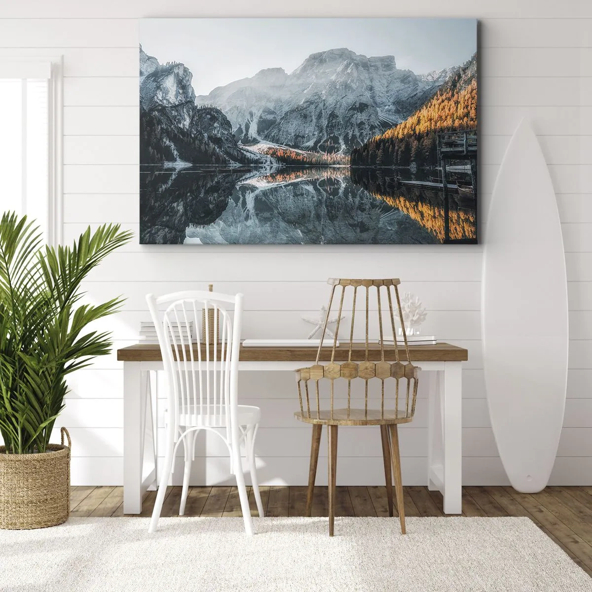 Obraz na plátne - Horská krajina odrážajúca sa v pokojnej hladine jazera - 70x50cm - Zrkadlová krajina - Moderná nástenná dekorácia do obývacej izby a spálne ARTTOR