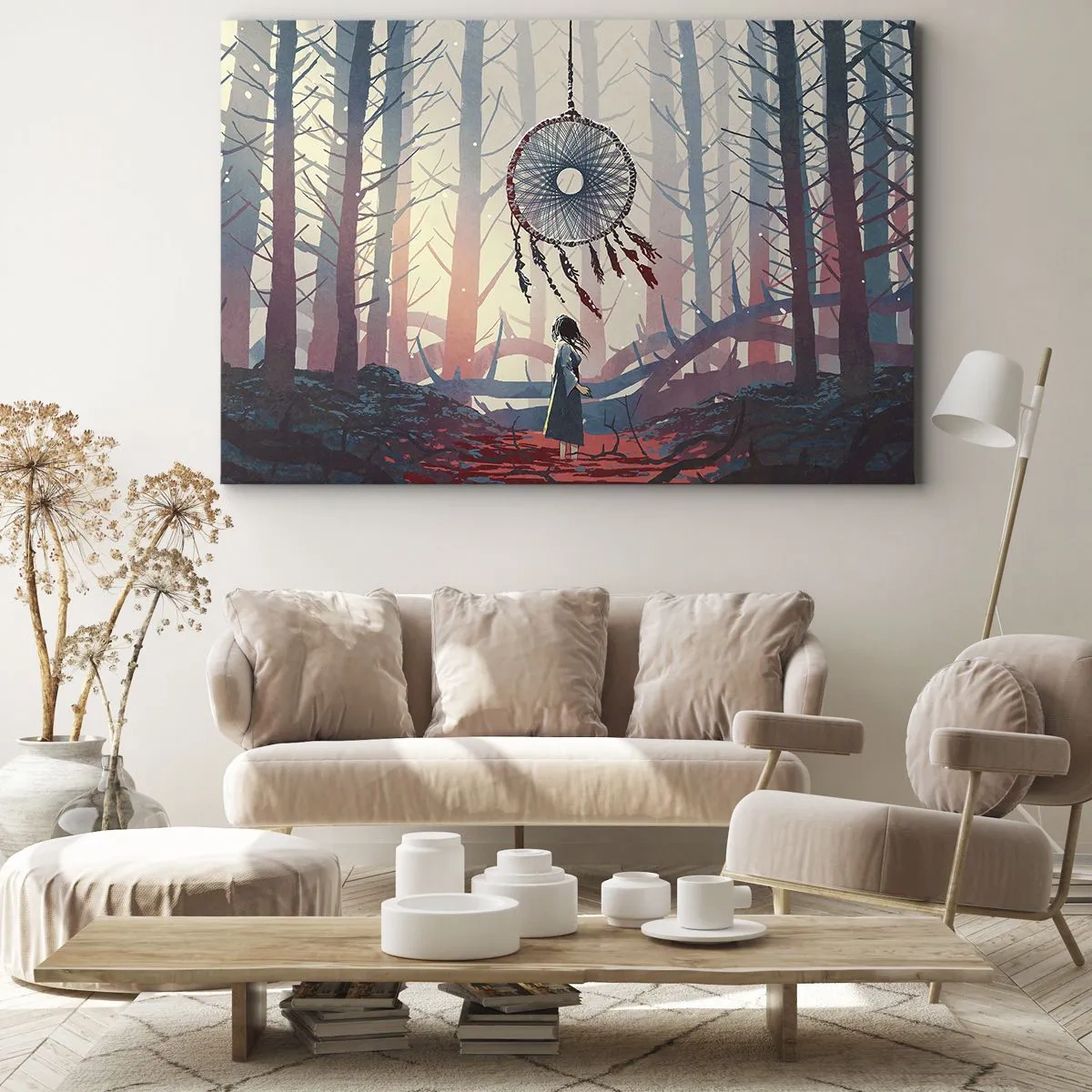 Obraz na plátne - Lesná scéna s obrovským lapačom snov - 70x50cm - Tajný rituál šťastia - Moderná nástenná dekorácia do obývacej izby a spálne ARTTOR