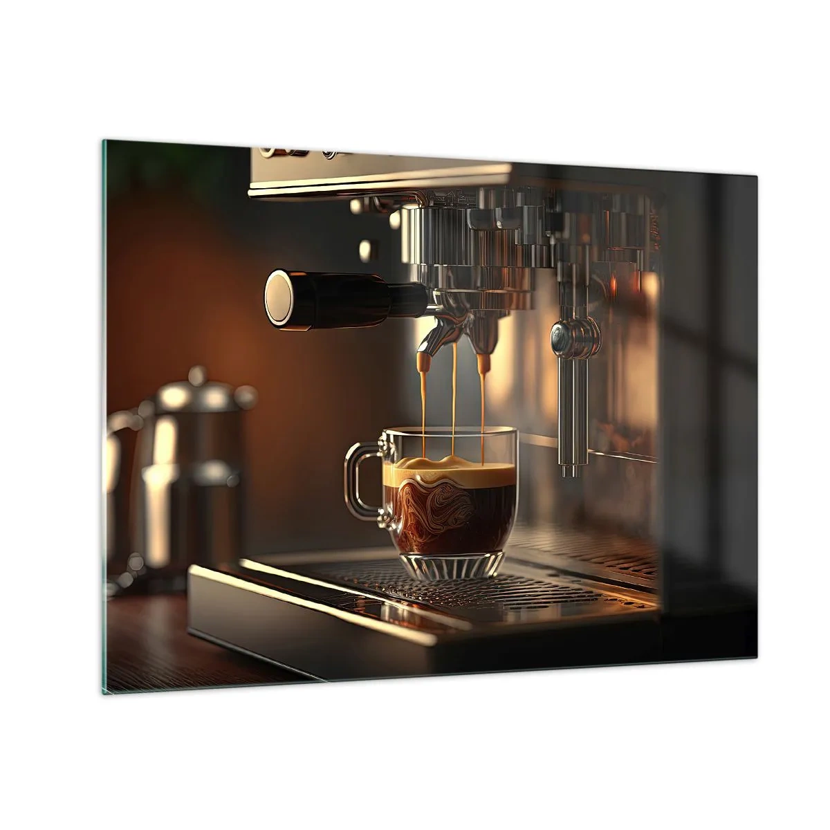 Obraz na skle - Espresso káva v pohári s penou - 70x50cm - Zmyselná zmes - Moderná nástenná dekorácia do obývacej izby a spálne ARTTOR