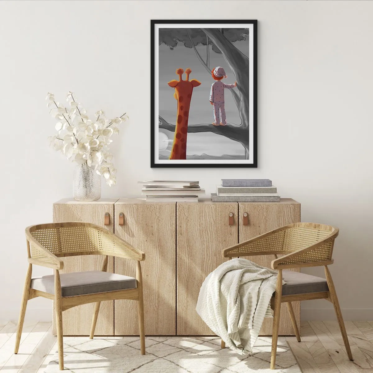 Plagát v čiernom ráme - Chlapec v pyžame a žirafa na strome v sivooranžovej krajine. - 50x70cm - To sa naozaj deje - Moderná nástenná dekorácia do obývacej izby a spálne ARTTOR