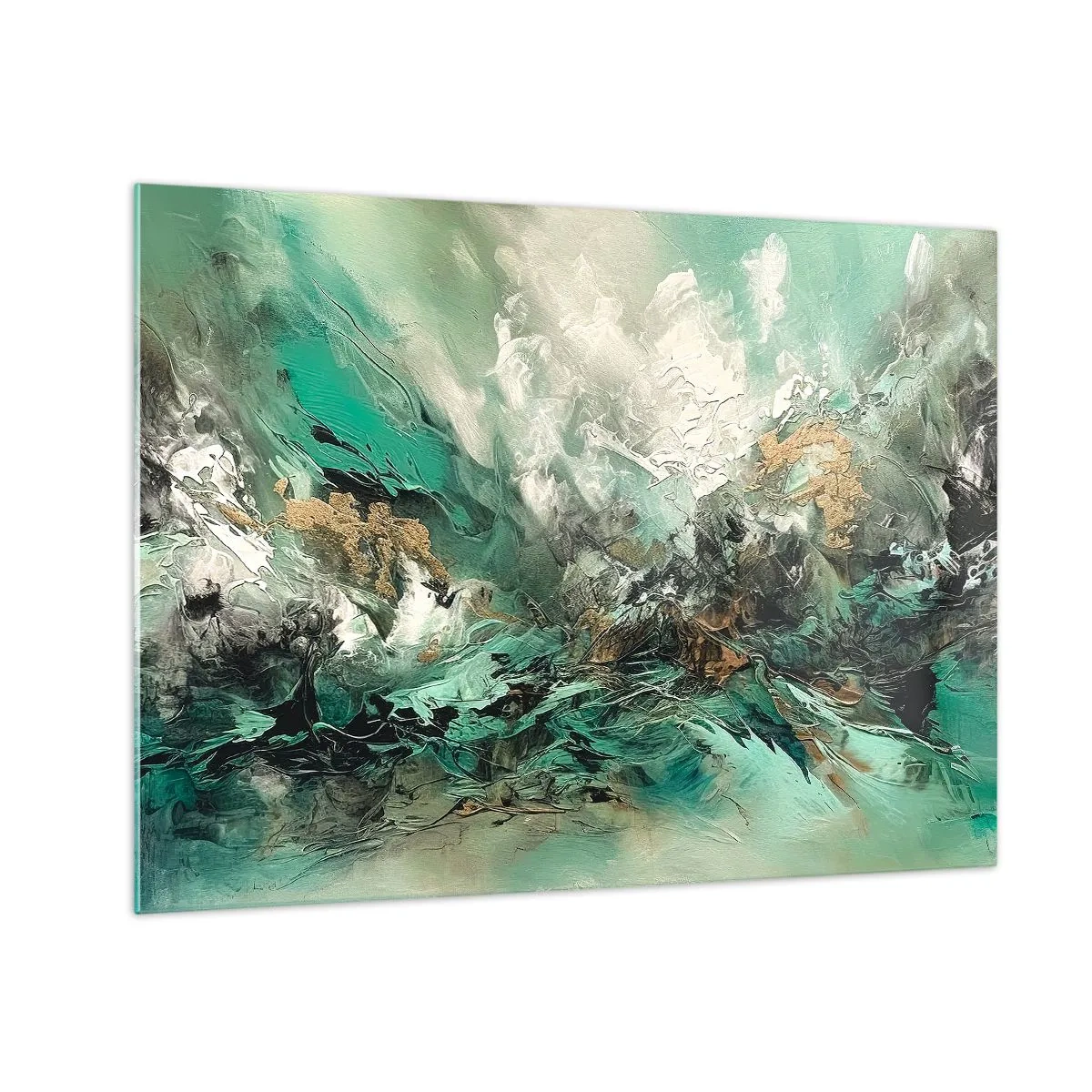 Obraz na skle - Abstraktná kompozícia v odtieňoch smaragdovej, čiernej a bielej. - 70x50cm - Smaragdovočierne vlnobitie - Moderná nástenná dekorácia do obývacej izby a spálne ARTTOR