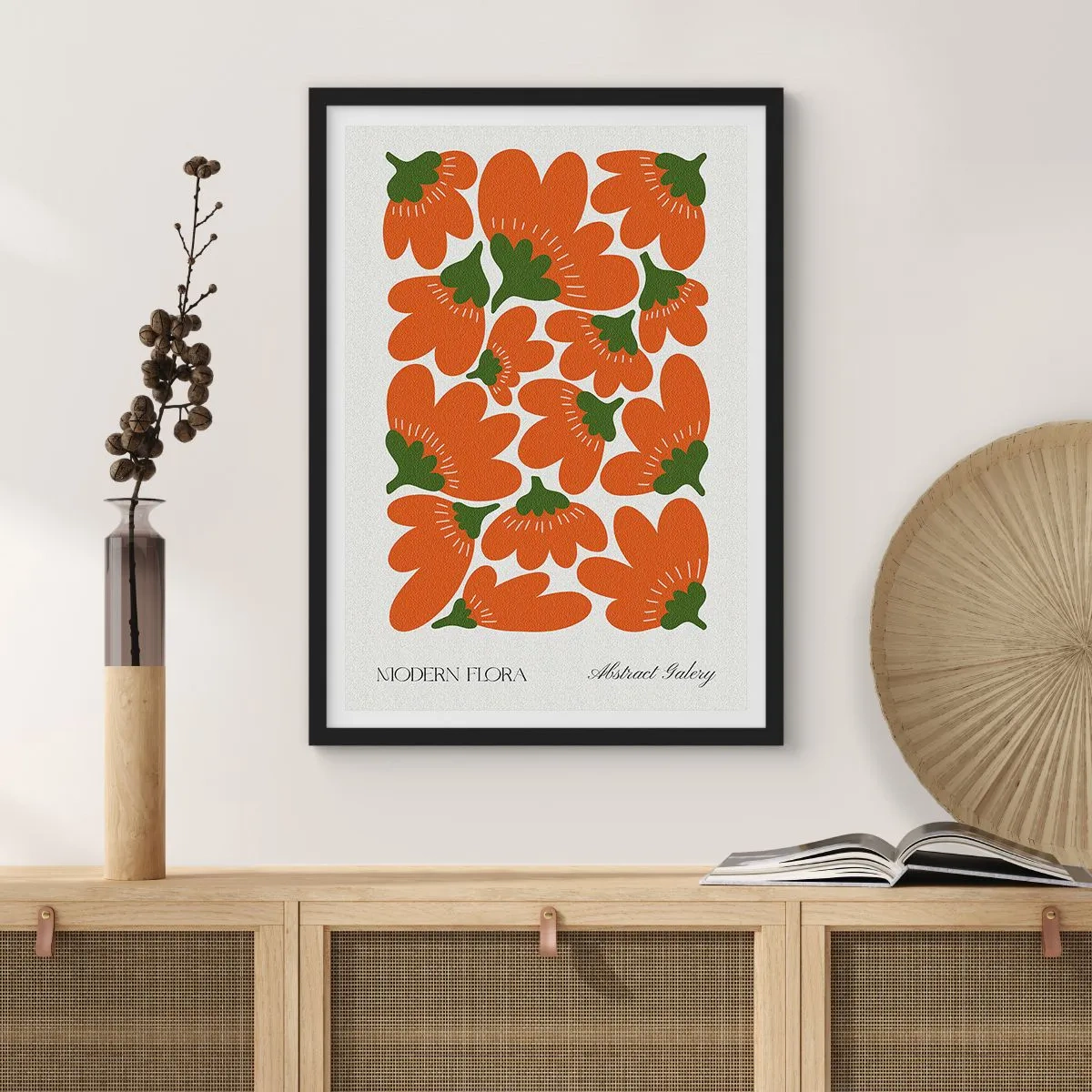 Plagát v čiernom ráme - Abstraktné oranžové kvety na svetlom pozadí - 50x70cm - Zo života kvetov - Moderná nástenná dekorácia do obývacej izby a spálne ARTTOR