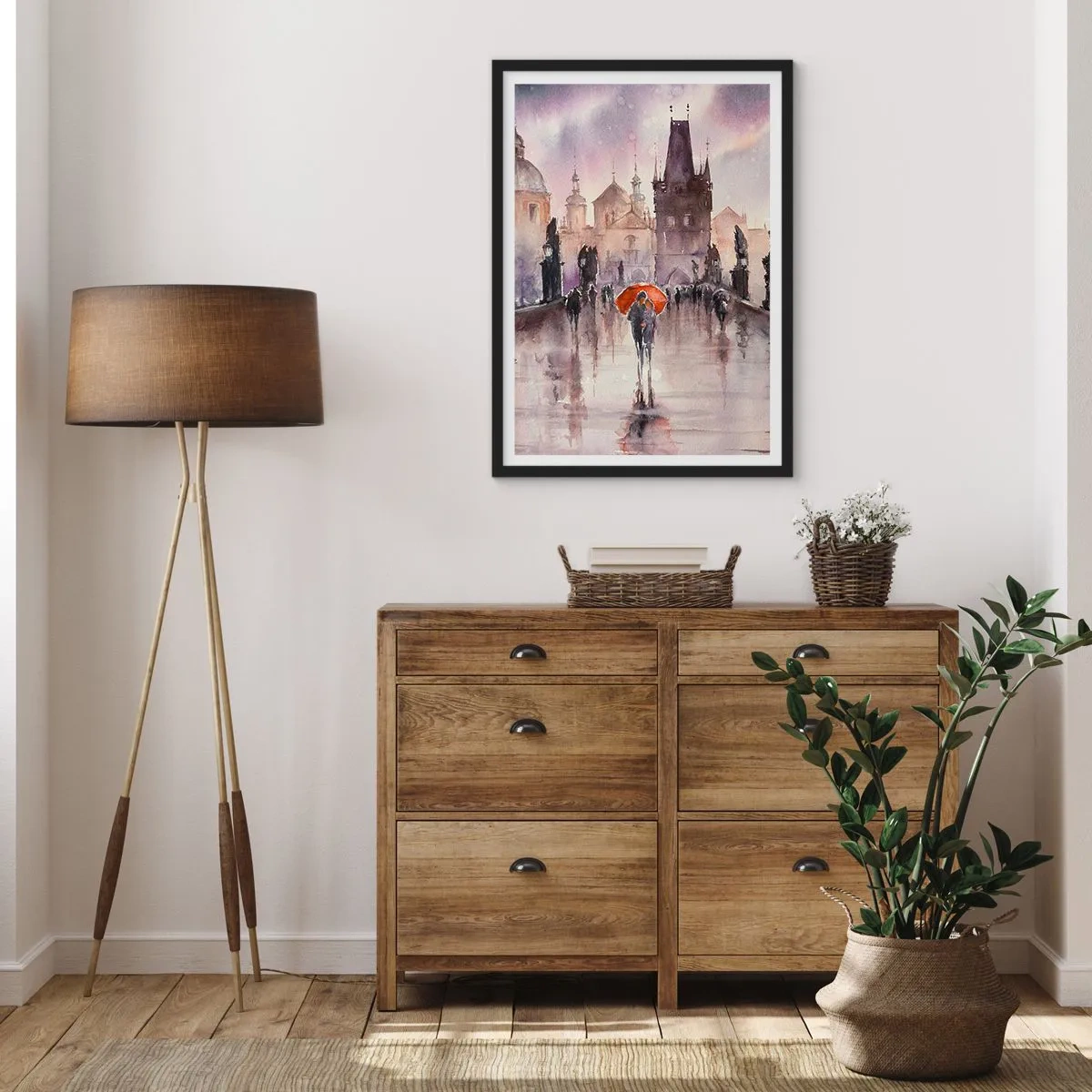 Plagát v čiernom ráme - Romantická prechádzka po moste v daždivý deň - 50x70cm - Ľudia sa nemenia - Moderná nástenná dekorácia do obývacej izby a spálne ARTTOR