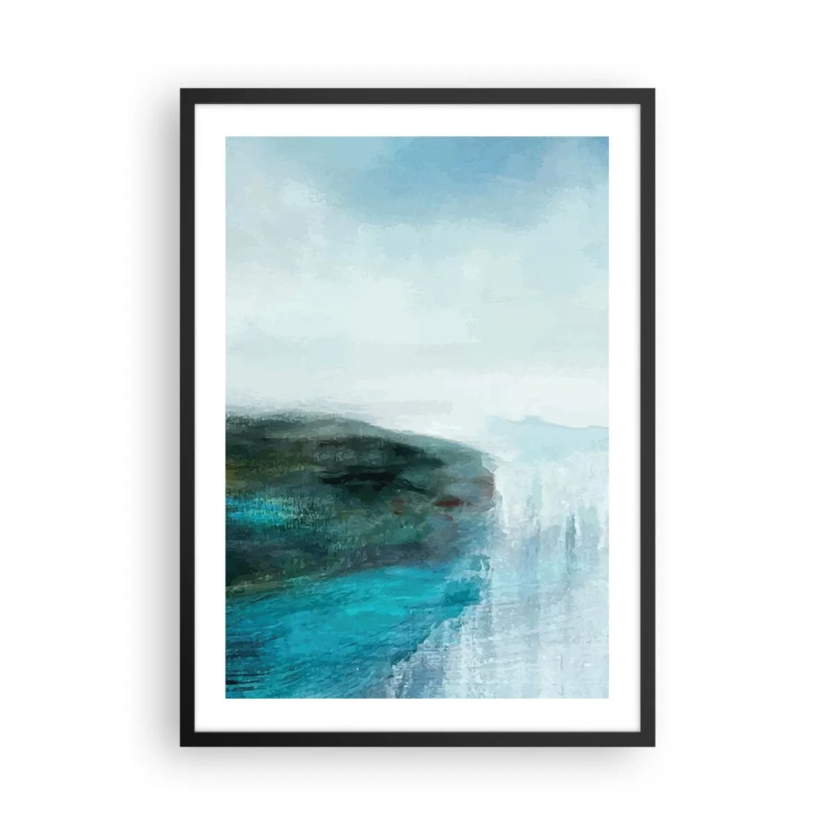 Plagát v čiernom ráme - Malebná krajina s útesom nad vodou v odtieňoch modrej. - 50x70cm - Námorná abstrakcia - Moderná nástenná dekorácia do obývacej izby a spálne ARTTOR