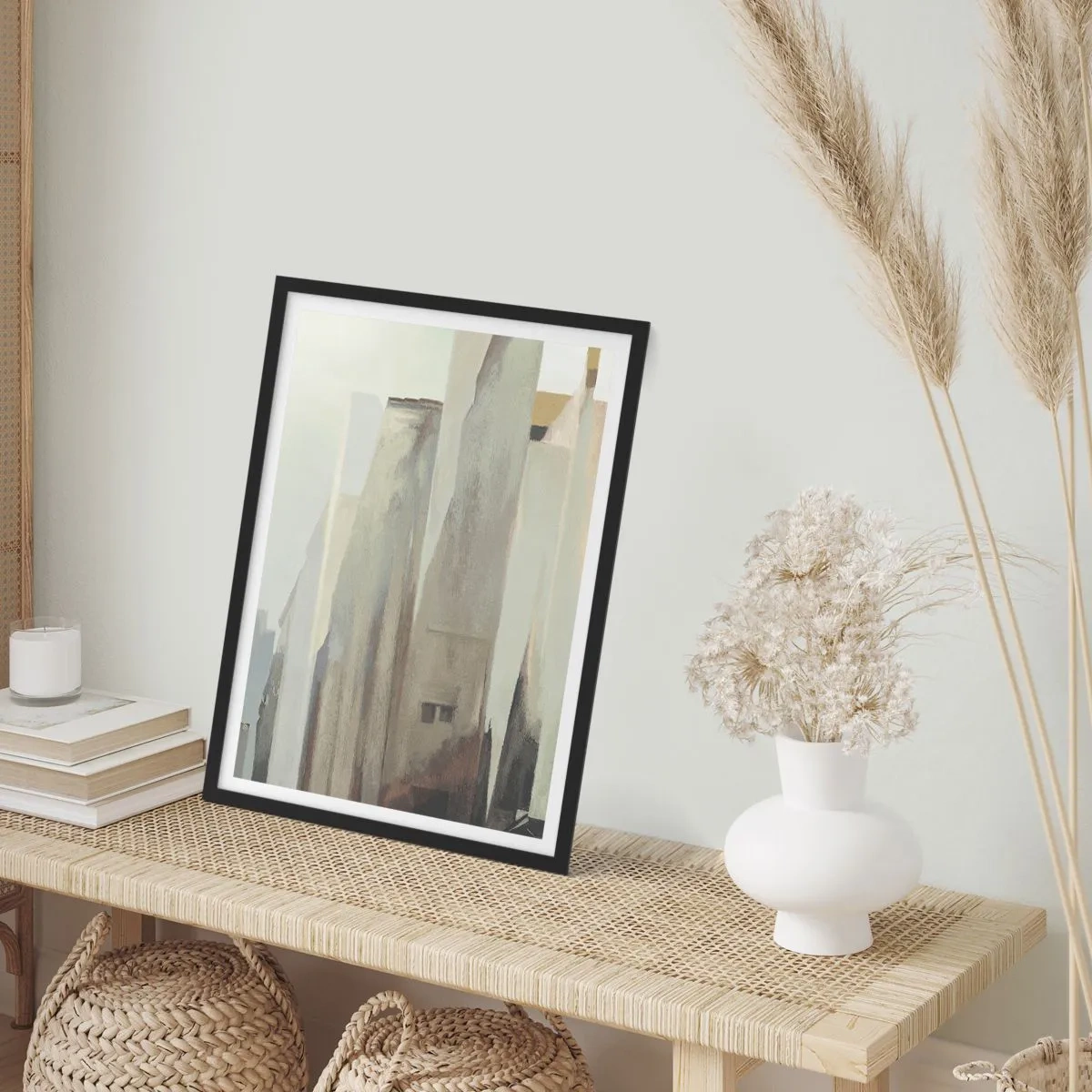 Plagát v čiernom ráme - Abstraktná architektúra v tlmených farbách - 50x70cm - Sen o meste - Moderná nástenná dekorácia do obývacej izby a spálne ARTTOR