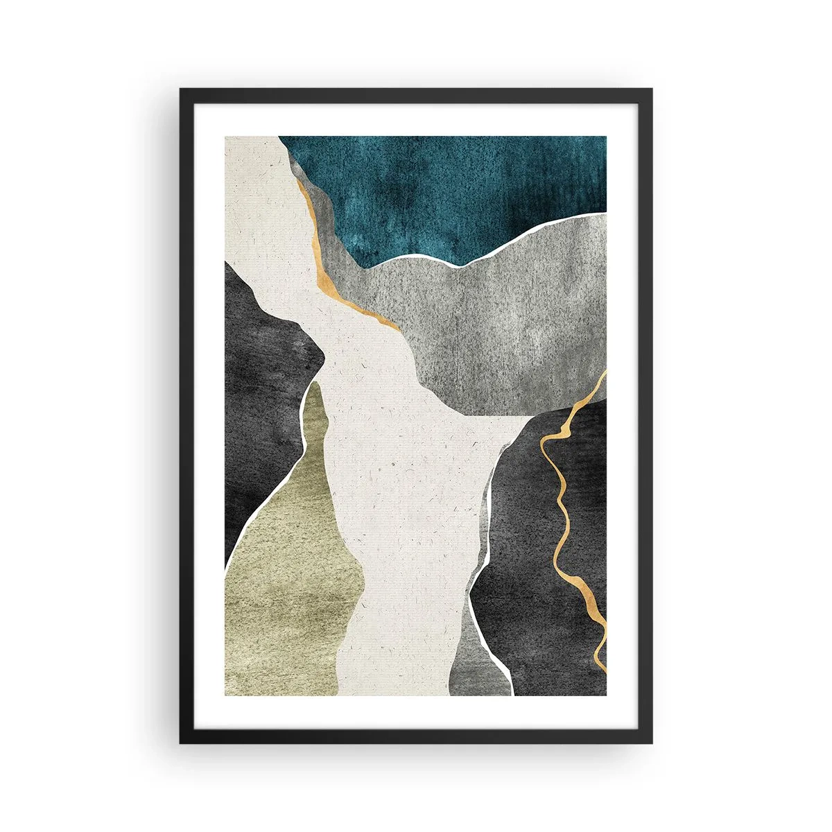 Plagát v čiernom ráme - Abstraktná kompozícia s geometrickými tvarmi - 50x70cm - Mozaiková kompozícia so zlatou niťou - Moderná nástenná dekorácia do obývacej izby a spálne ARTTOR